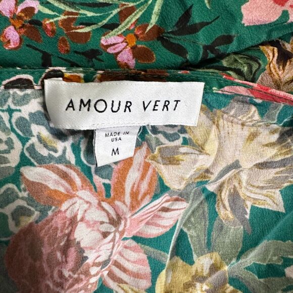Amour Vert 100% Silk Green Floral Wrap Midi Dress Size M Made in USA Boho Chic - Picture 9 of 11